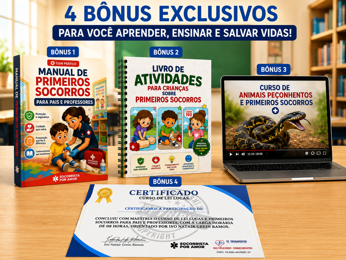 Bônus exclusivos: cartilha, manual, livro de atividades e certificado