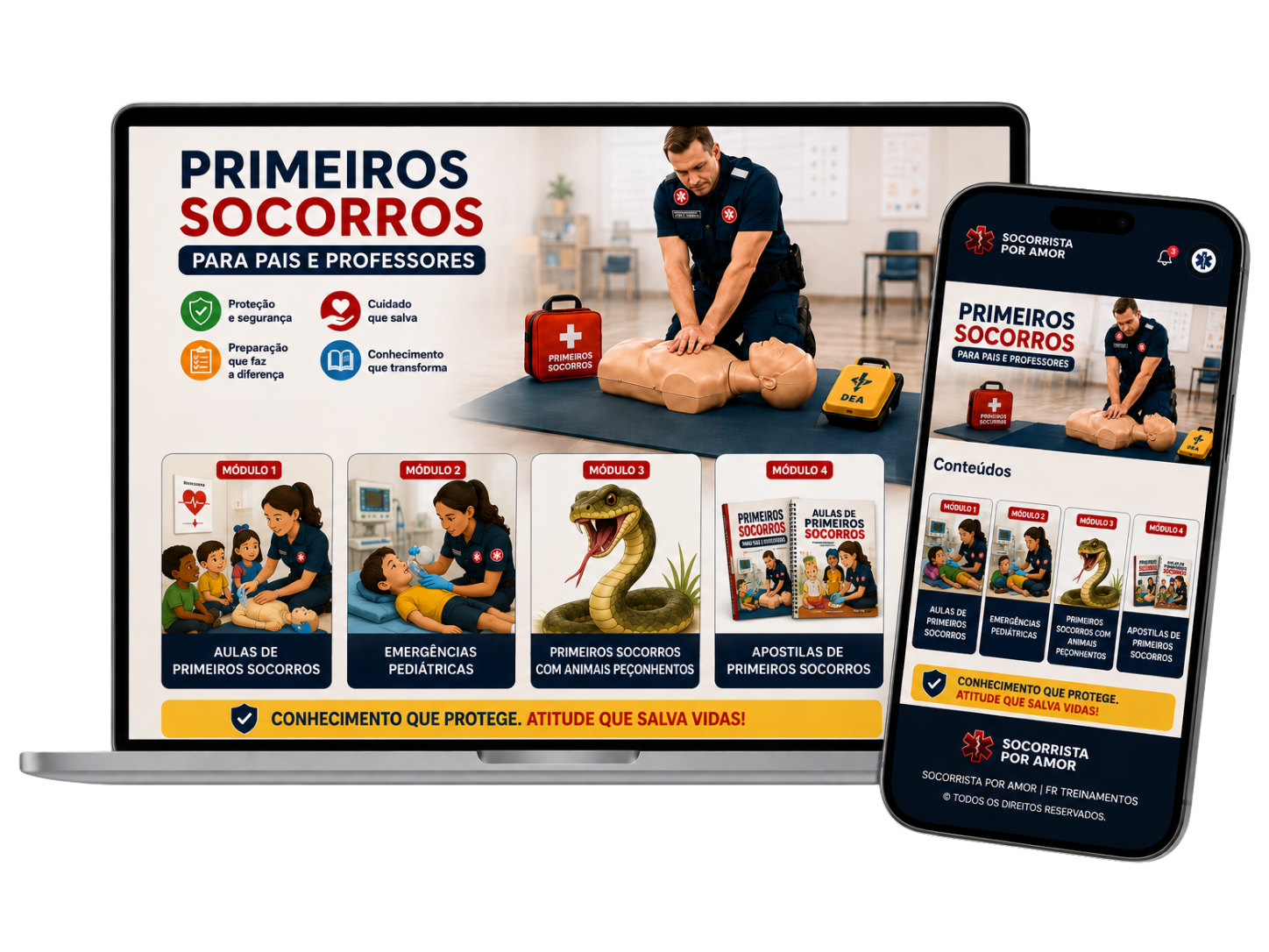 Mockup do curso Primeiros Socorros para Pais e Professores em notebook e celular